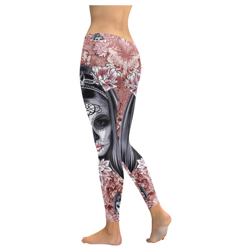 Skull Of A Pretty Flowers Lady Pattern Women's Low Rise Leggings (Invisible Stitch) (Model L05)