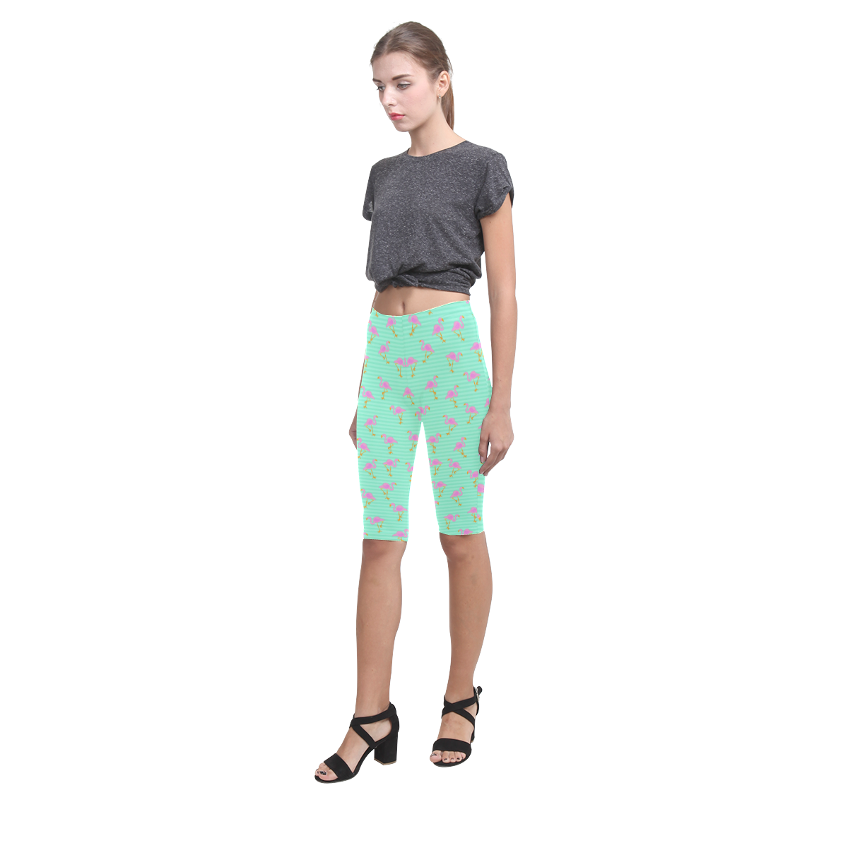 Pink and Green Flamingo Pattern Hestia Cropped Leggings (Model L03)