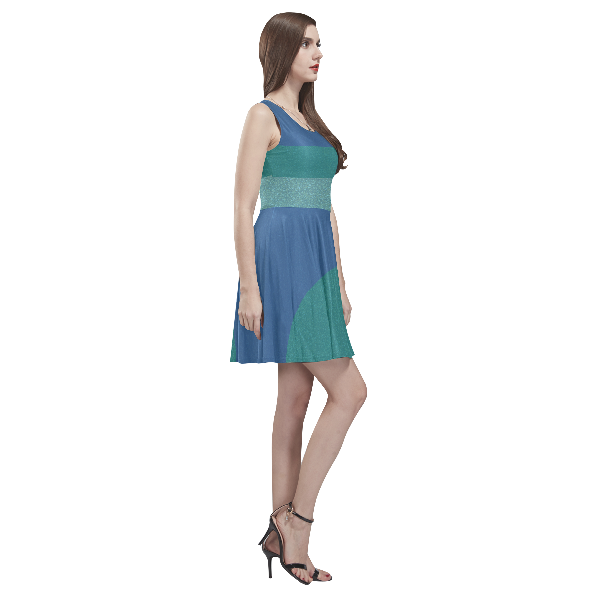 blue gradient glitter texture pattern Thea Sleeveless Skater Dress(Model D19)