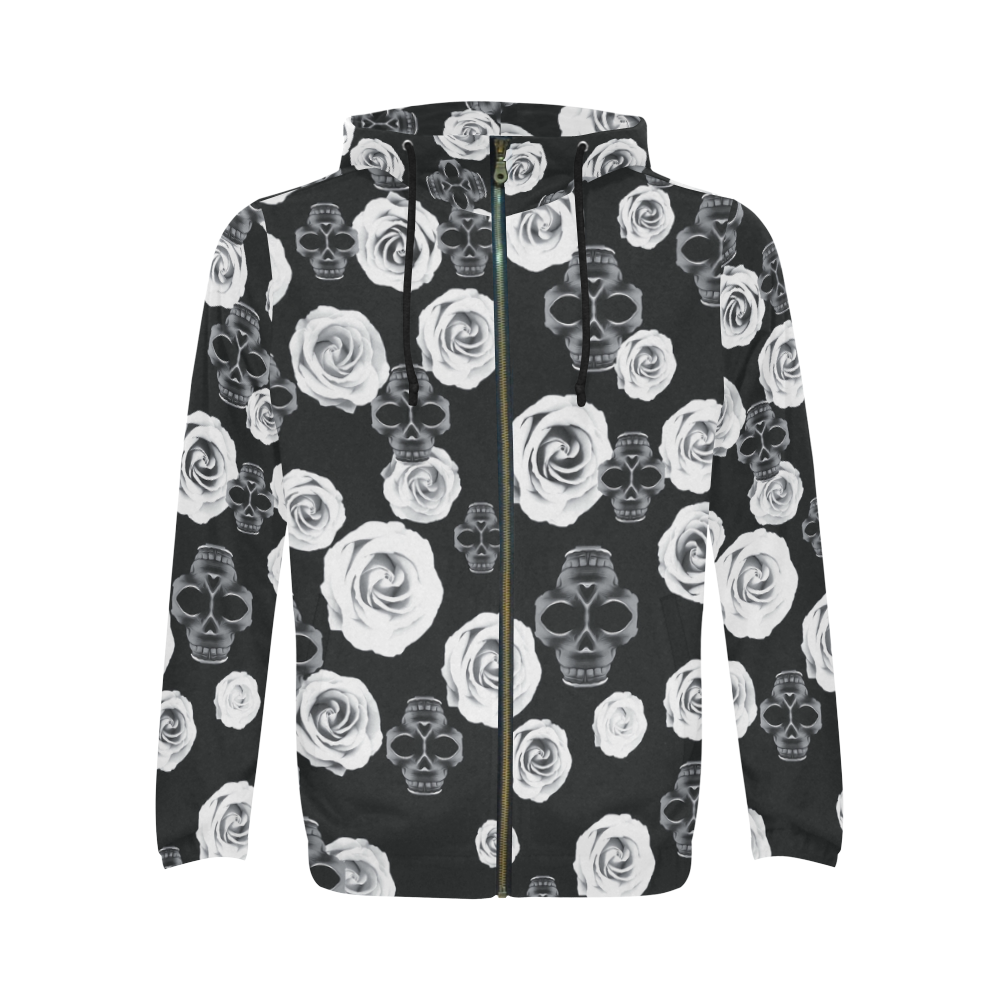 vintage skull and rose abstract pattern in black and white All Over Print Full Zip Hoodie for Men (Model H14)