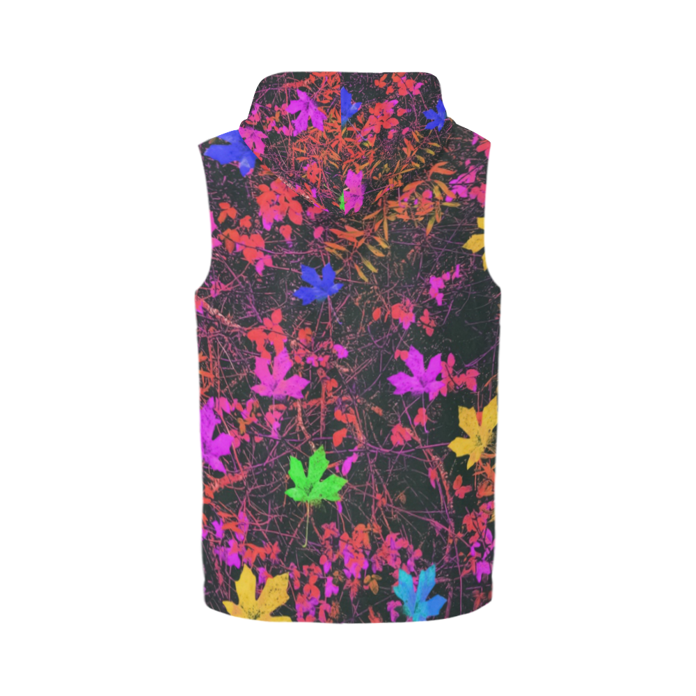 maple leaf in yellow green pink blue red with red and orange creepers plants background All Over Print Sleeveless Zip Up Hoodie for Men (Model H16)