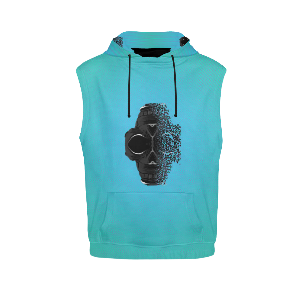fractal black skull portrait with blue abstract background All Over Print Sleeveless Hoodie for Men (Model H15)