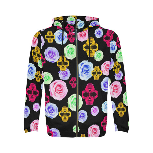 skull portrait in pink and yellow with colorful rose and black background All Over Print Full Zip Hoodie for Men (Model H14)