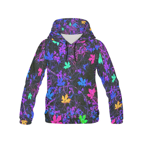 maple leaf in pink blue green yellow purple with pink and purple creepers plants background All Over Print Hoodie for Men (USA Size) (Model H13)