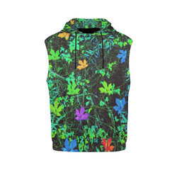maple leaf in pink blue green yellow orange with green creepers plants background All Over Print Sleeveless Hoodie for Men (Model H15)
