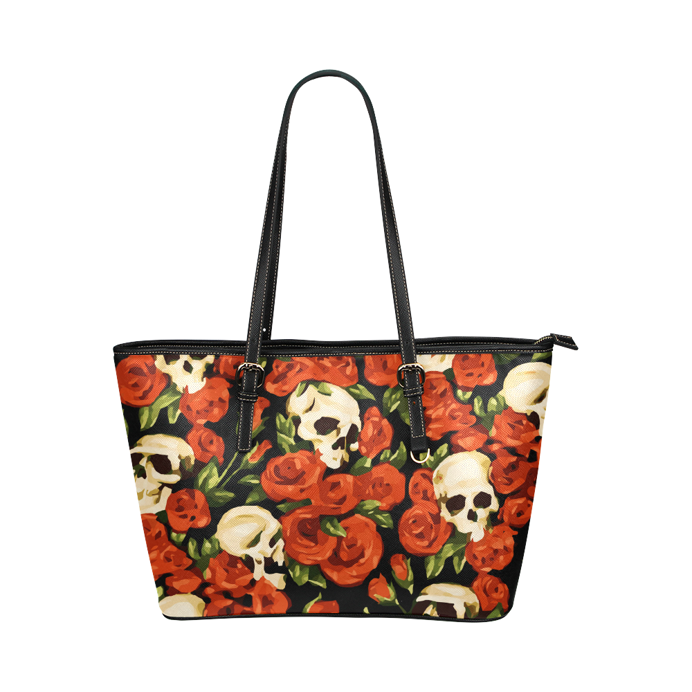 Skulls With Red Roses Floral Watercolor Leather Tote Bag/Large (Model 1651)