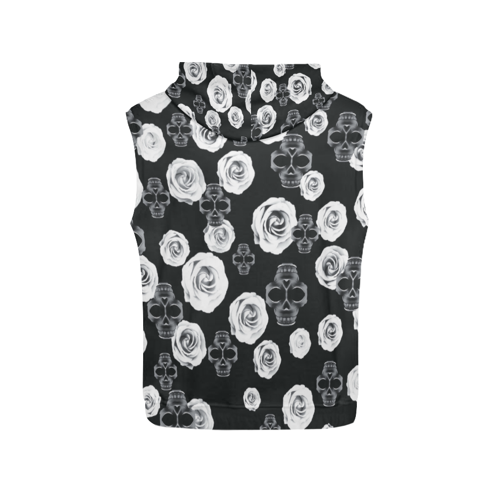 vintage skull and rose abstract pattern in black and white All Over Print Sleeveless Hoodie for Men (Model H15)