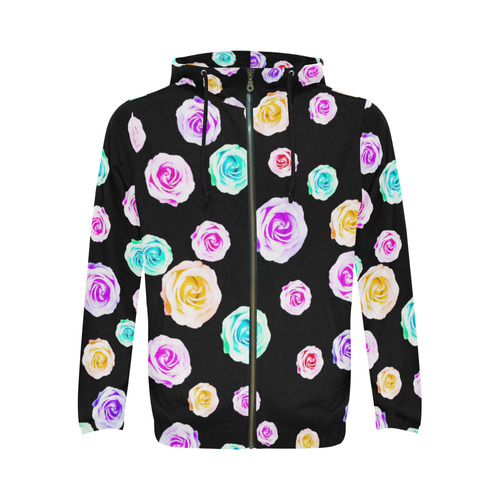 colorful roses in pink purple green yellow with black background All Over Print Full Zip Hoodie for Men (Model H14)