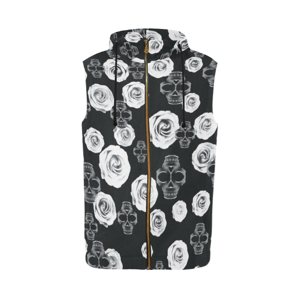 vintage skull and rose abstract pattern in black and white All Over Print Sleeveless Zip Up Hoodie for Men (Model H16)