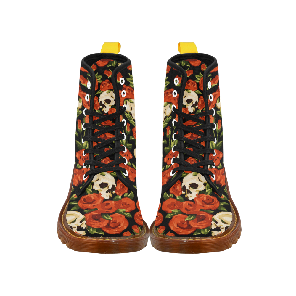 Skulls With Red Roses Floral Watercolor Martin Boots For Women Model 1203H