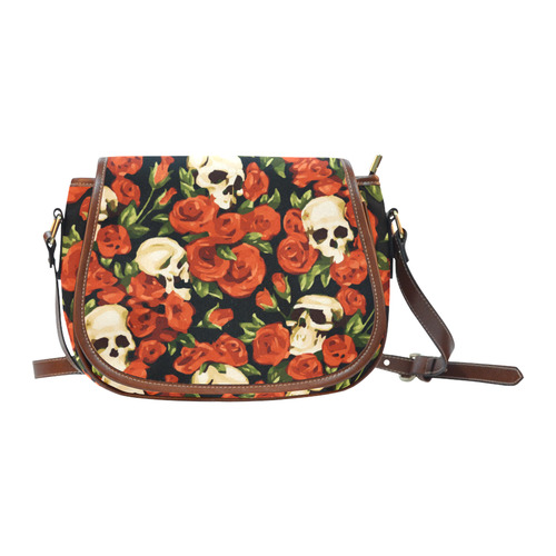 Skulls With Red Roses Floral Watercolor Saddle Bag/Large (Model 1649)