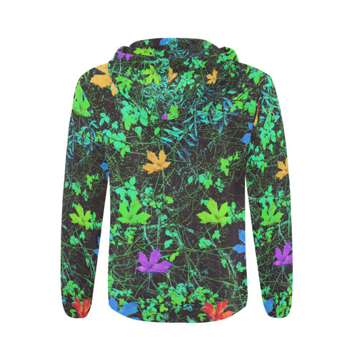 maple leaf in pink blue green yellow orange with green creepers plants background All Over Print Full Zip Hoodie for Men (Model H14)