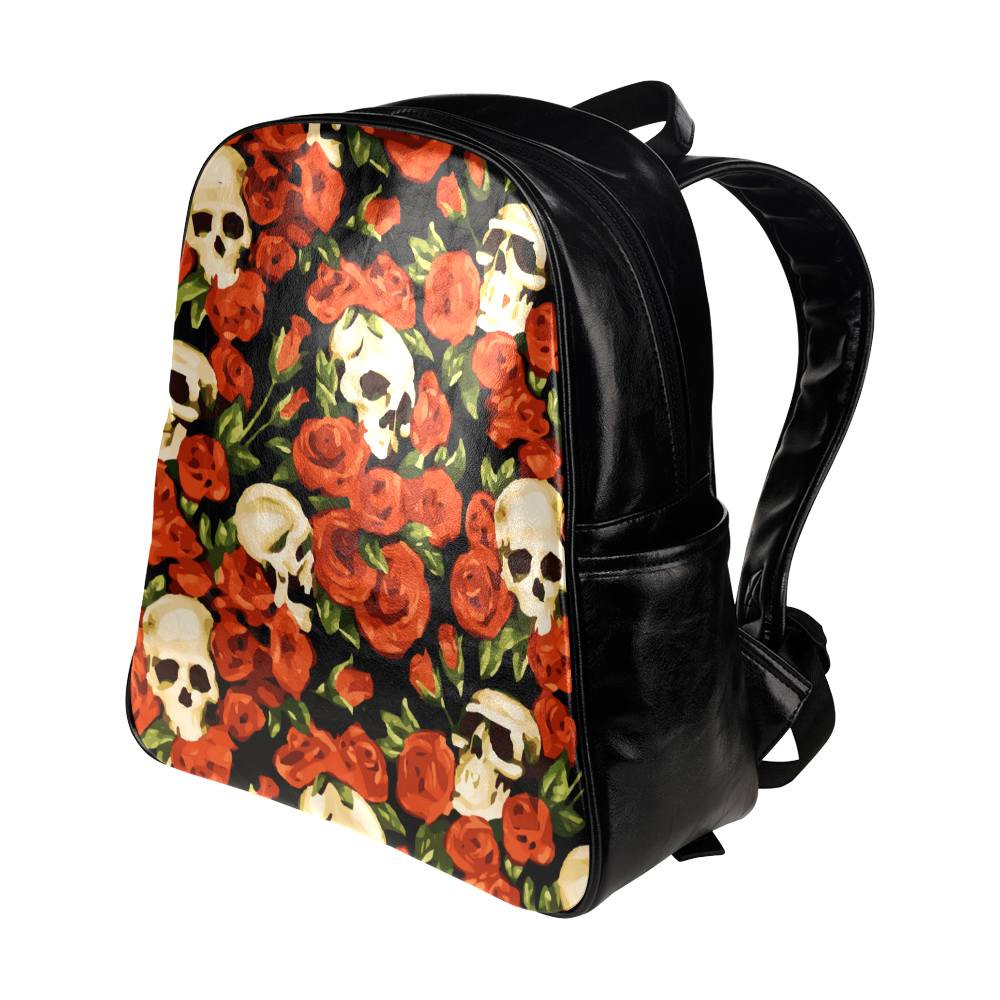 Skulls With Red Roses Floral Watercolor Multi-Pockets Backpack (Model 1636)
