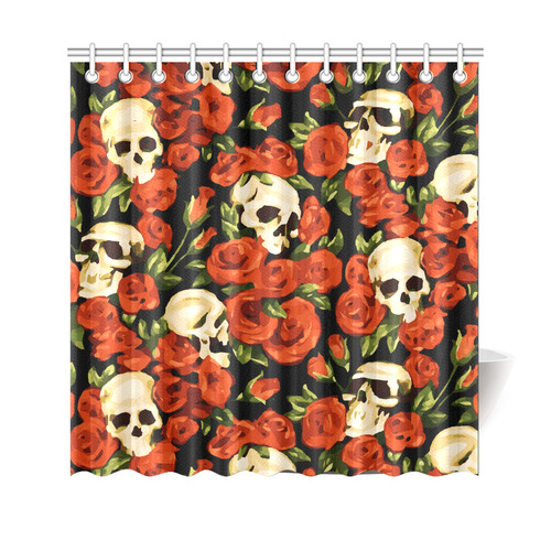 Skulls With Red Roses Floral Watercolor Shower Curtain 69"x70"