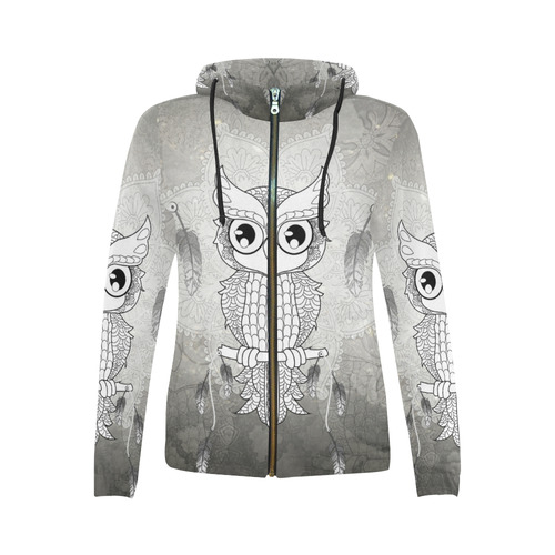 Cute owl, mandala design All Over Print Full Zip Hoodie for Women (Model H14)