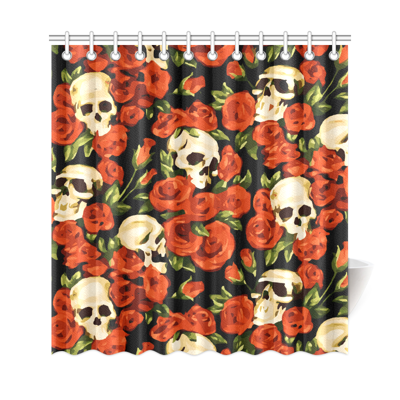 Skulls With Red Roses Floral Watercolor Shower Curtain 69"x72"