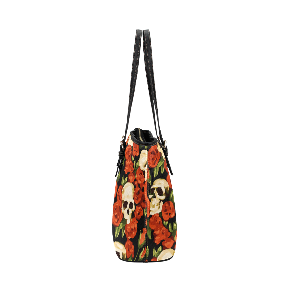 Skulls With Red Roses Floral Watercolor Leather Tote Bag/Small (Model 1651)