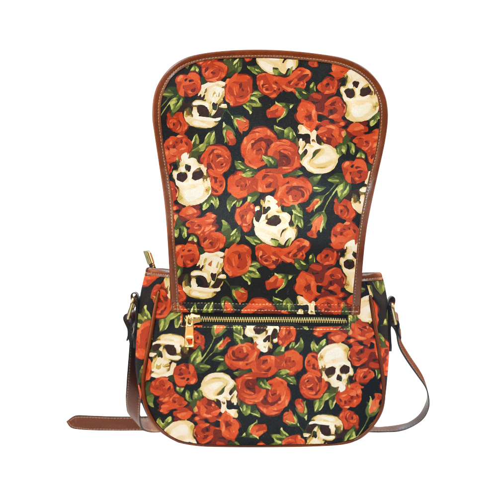 Skulls With Red Roses Floral Watercolor Saddle Bag/Large (Model 1649)