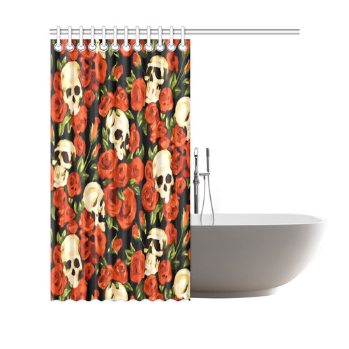 Skulls With Red Roses Floral Watercolor Shower Curtain 69"x70"
