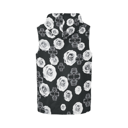 vintage skull and rose abstract pattern in black and white All Over Print Sleeveless Zip Up Hoodie for Men (Model H16)