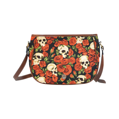 Skulls With Red Roses Floral Watercolor Saddle Bag/Large (Model 1649)