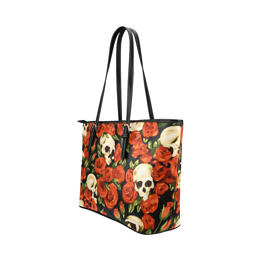 Skulls With Red Roses Floral Watercolor Leather Tote Bag/Large (Model 1651)