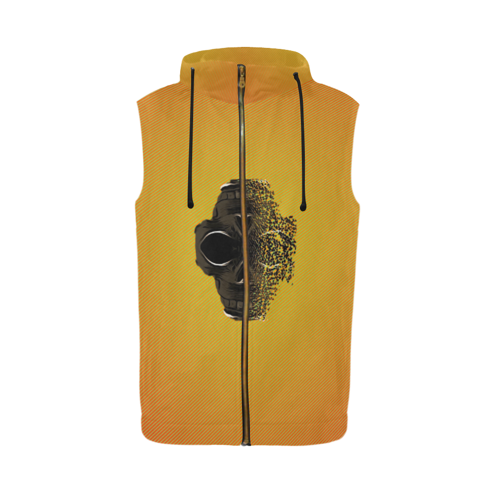 fractal black skull portrait with orange abstract background All Over Print Sleeveless Zip Up Hoodie for Men (Model H16)