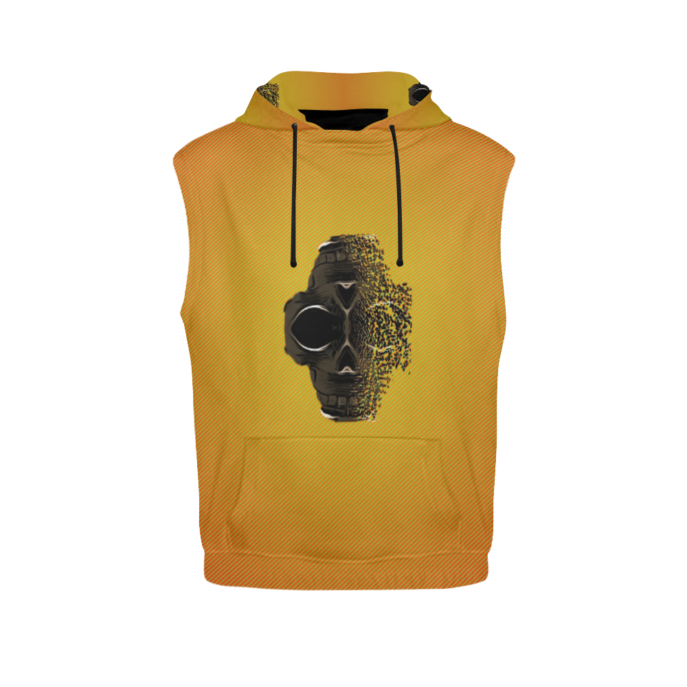 fractal black skull portrait with orange abstract background All Over Print Sleeveless Hoodie for Men (Model H15)