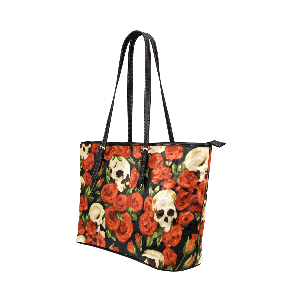 Skulls With Red Roses Floral Watercolor Leather Tote Bag/Large (Model 1651)