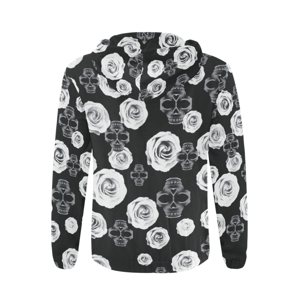 vintage skull and rose abstract pattern in black and white All Over Print Full Zip Hoodie for Men (Model H14)