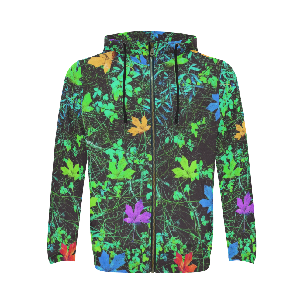 maple leaf in pink blue green yellow orange with green creepers plants background All Over Print Full Zip Hoodie for Men (Model H14)