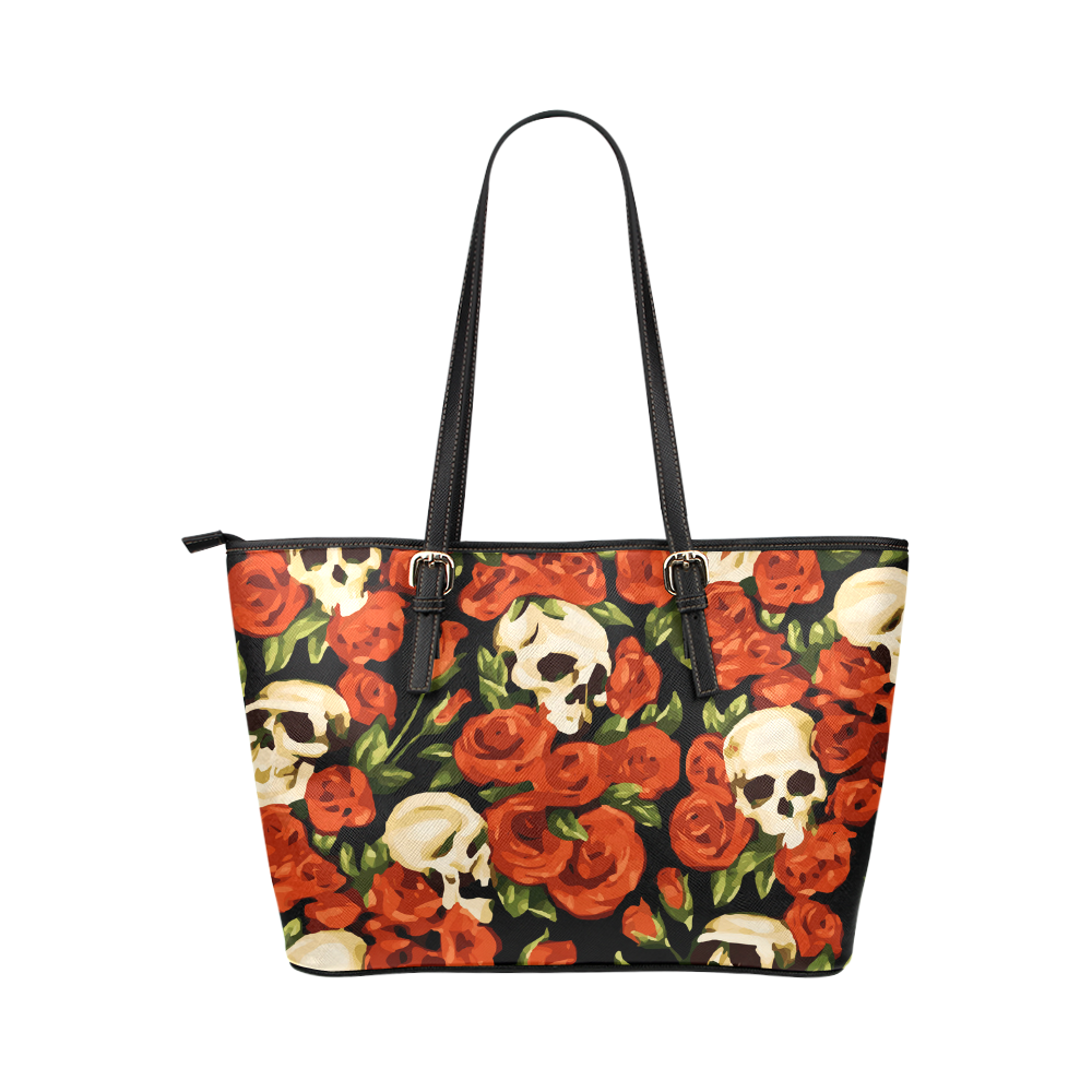 Skulls With Red Roses Floral Watercolor Leather Tote Bag/Small (Model 1651)