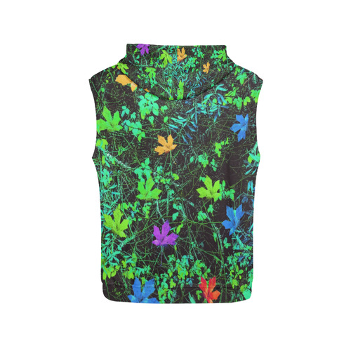 maple leaf in pink blue green yellow orange with green creepers plants background All Over Print Sleeveless Hoodie for Men (Model H15)