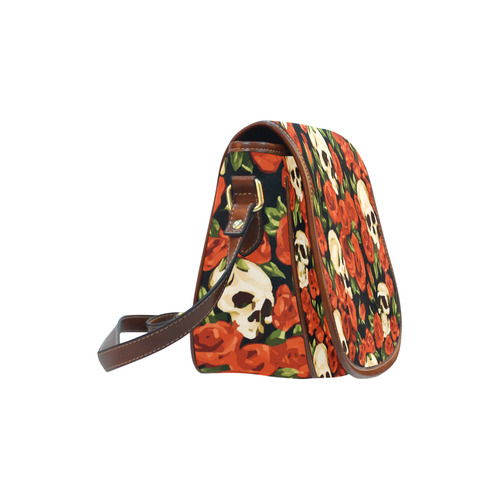 Skulls With Red Roses Floral Watercolor Saddle Bag/Large (Model 1649)