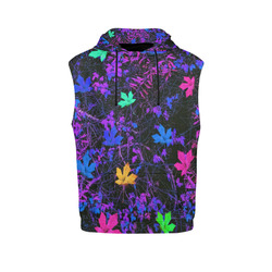 maple leaf in pink blue green yellow purple with pink and purple creepers plants background All Over Print Sleeveless Hoodie for Men (Model H15)