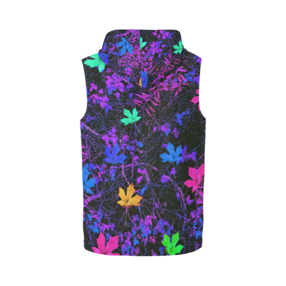 maple leaf in pink blue green yellow purple with pink and purple creepers plants background All Over Print Sleeveless Zip Up Hoodie for Men (Model H16)