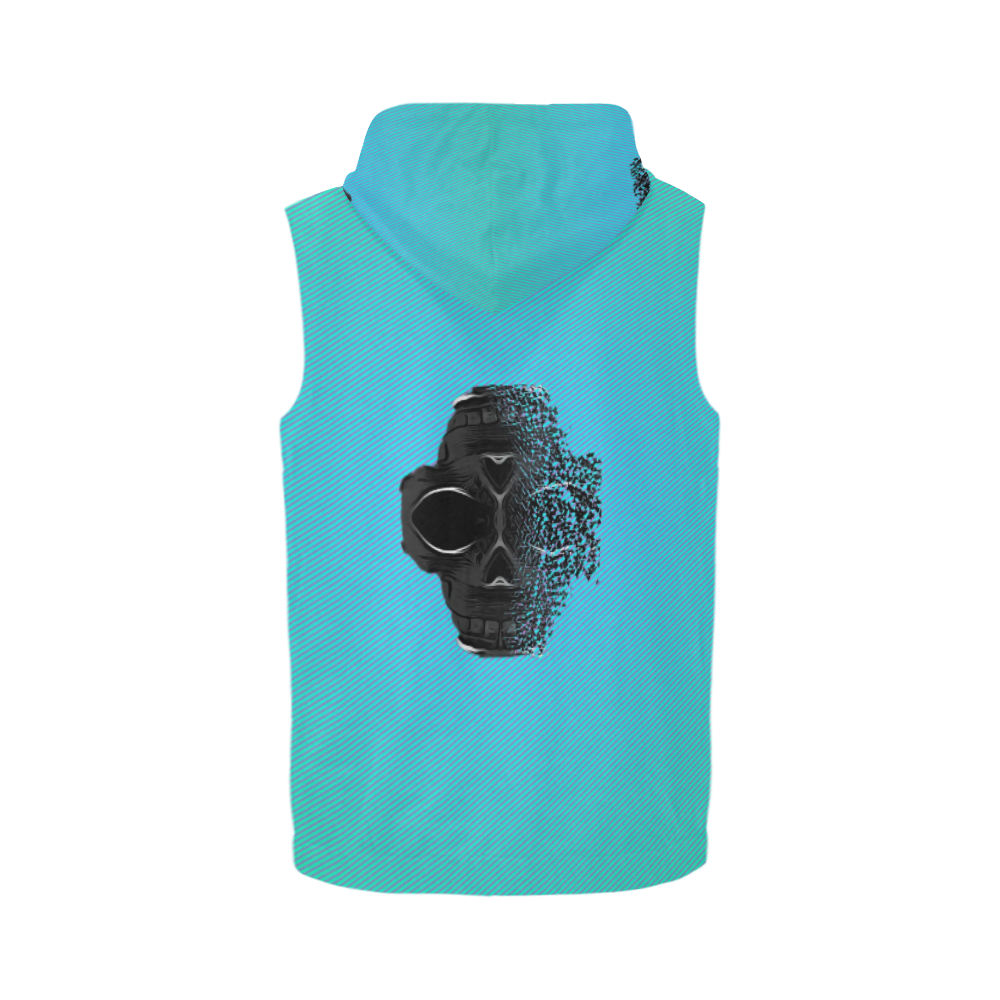 fractal black skull portrait with blue abstract background All Over Print Sleeveless Zip Up Hoodie for Men (Model H16)