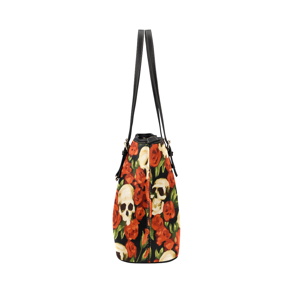 Skulls With Red Roses Floral Watercolor Leather Tote Bag/Small (Model 1651)