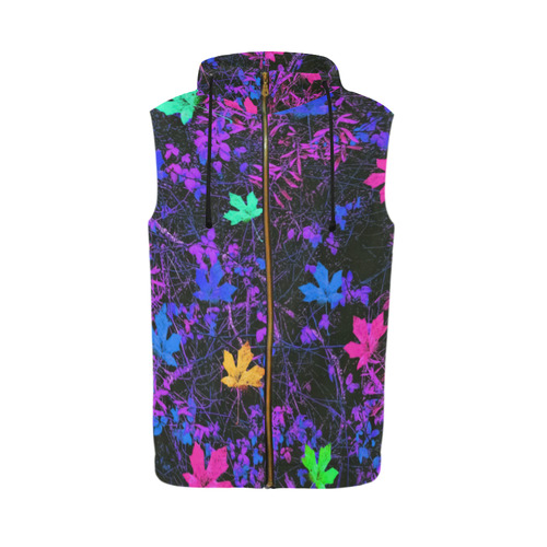 maple leaf in pink blue green yellow purple with pink and purple creepers plants background All Over Print Sleeveless Zip Up Hoodie for Men (Model H16)