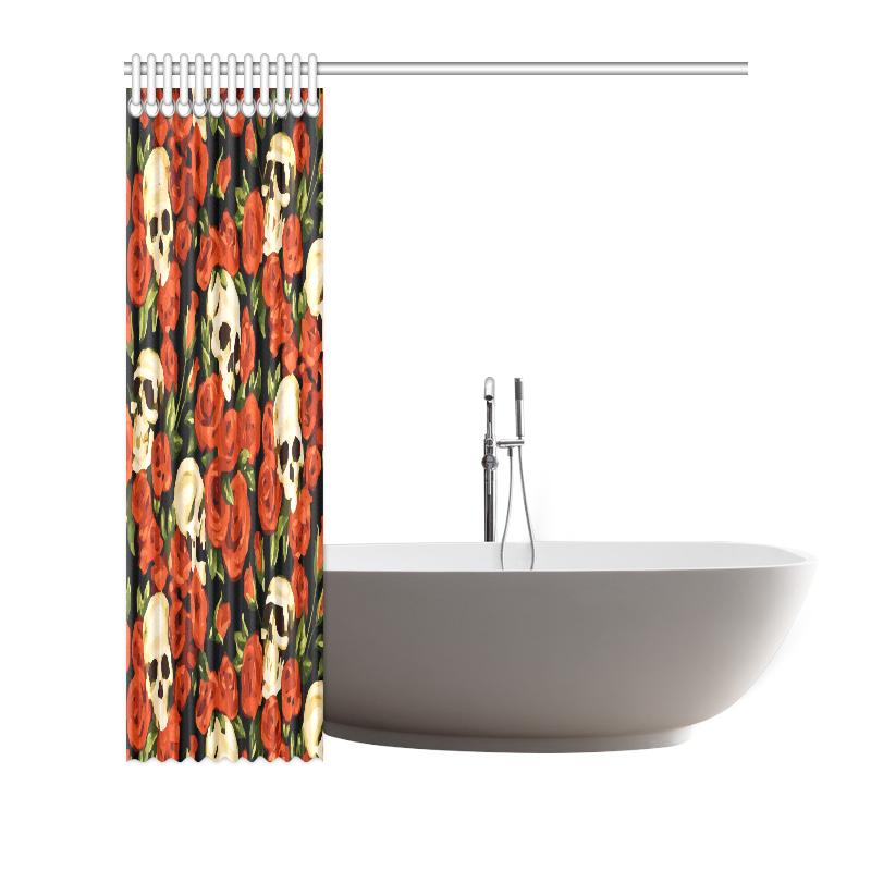 Skulls With Red Roses Floral Watercolor Shower Curtain 72"x72"