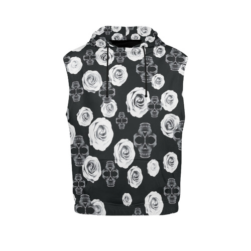 vintage skull and rose abstract pattern in black and white All Over Print Sleeveless Hoodie for Men (Model H15)