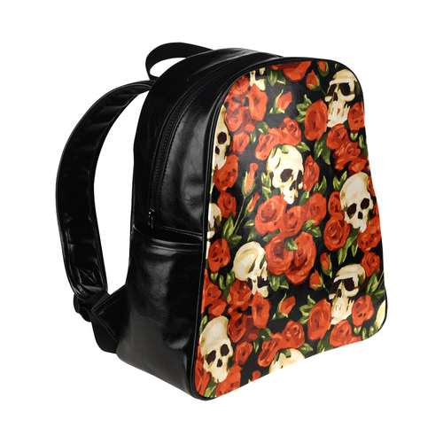 Skulls With Red Roses Floral Watercolor Multi-Pockets Backpack (Model 1636)