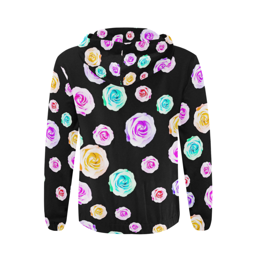 colorful roses in pink purple green yellow with black background All Over Print Full Zip Hoodie for Men (Model H14)