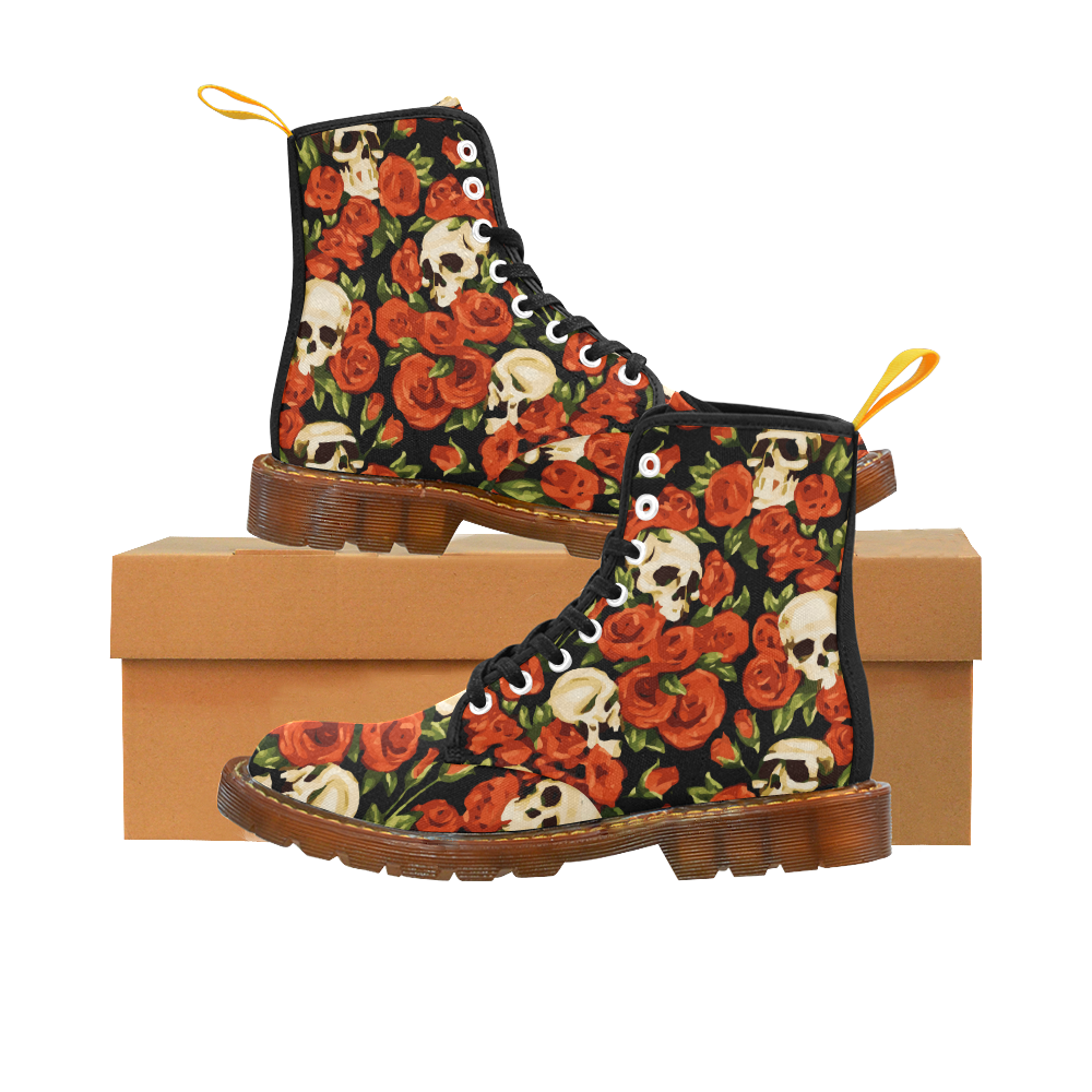 Skulls With Red Roses Floral Watercolor Martin Boots For Women Model 1203H