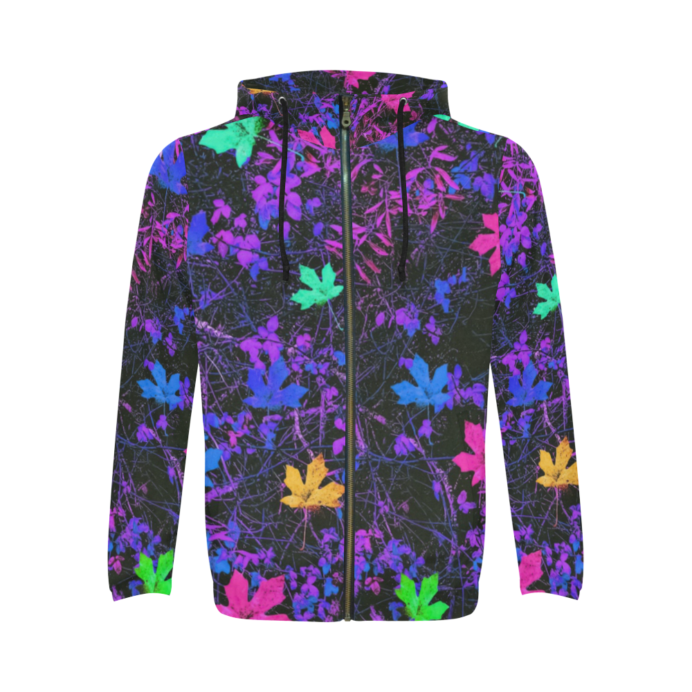 maple leaf in pink blue green yellow purple with pink and purple creepers plants background All Over Print Full Zip Hoodie for Men (Model H14)