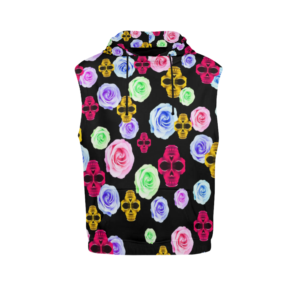 skull portrait in pink and yellow with colorful rose and black background All Over Print Sleeveless Hoodie for Men (Model H15)