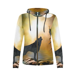 Lonely wolf in the night All Over Print Full Zip Hoodie for Women (Model H14)
