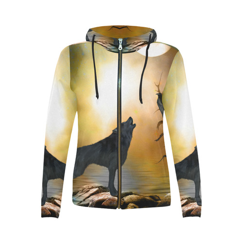 Lonely wolf in the night All Over Print Full Zip Hoodie for Women (Model H14)
