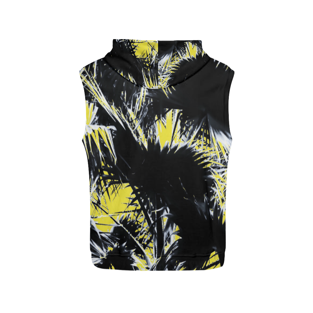 black and white palm leaves with yellow background All Over Print Sleeveless Hoodie for Men (Model H15)