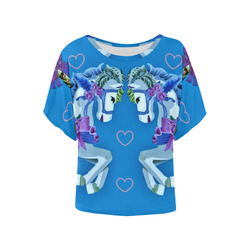 Girly Carousel Ponies - Blue Women's Batwing-Sleeved Blouse T shirt (Model T44)